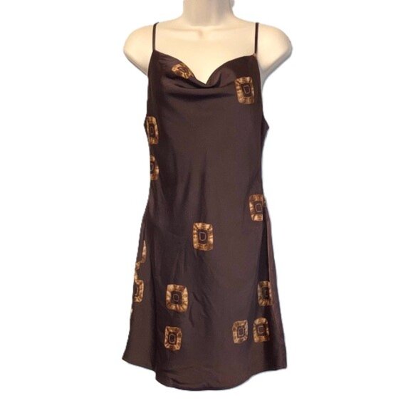 URBAN OUTFITTERS Mallory Cowl Neck Slip Mini Dress Chocolate Brown and Tan Small - Picture 1 of 14
